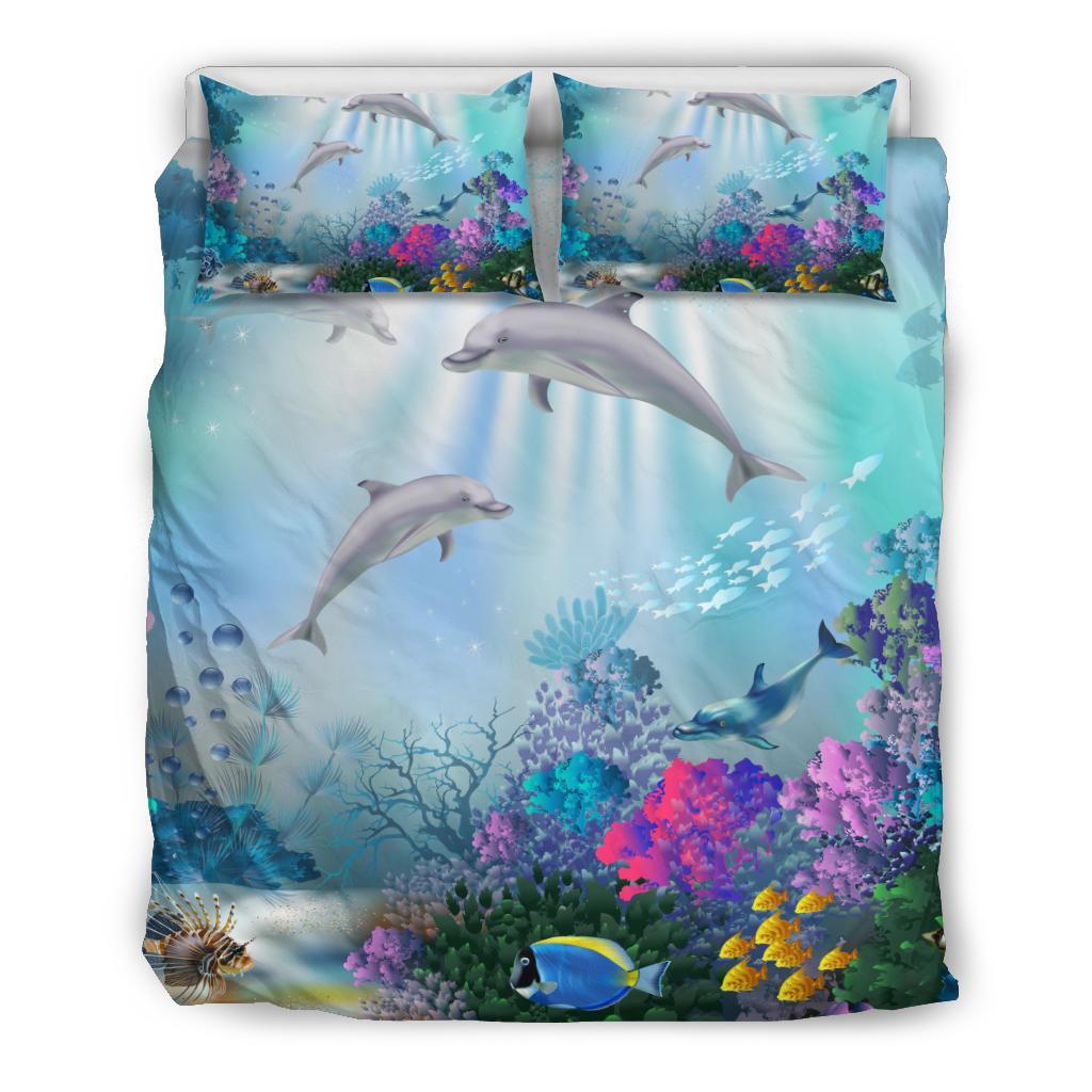 Hawaiian Dolphins Play The Ocean Polynesian Bedding Set Blue - Polynesian Pride