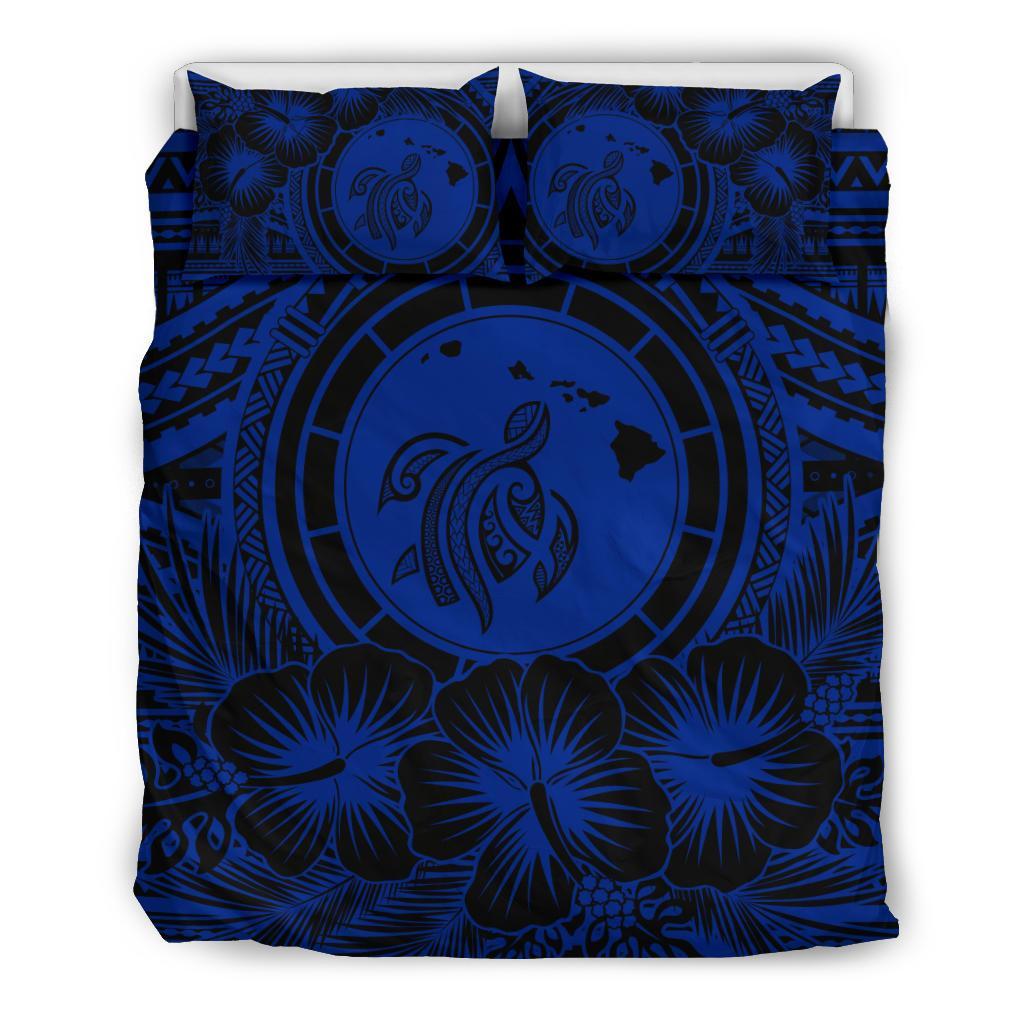 Hawaiian Map Honu Hibiscus Tropic Blue Polynesian Bedding Set Blue - Polynesian Pride