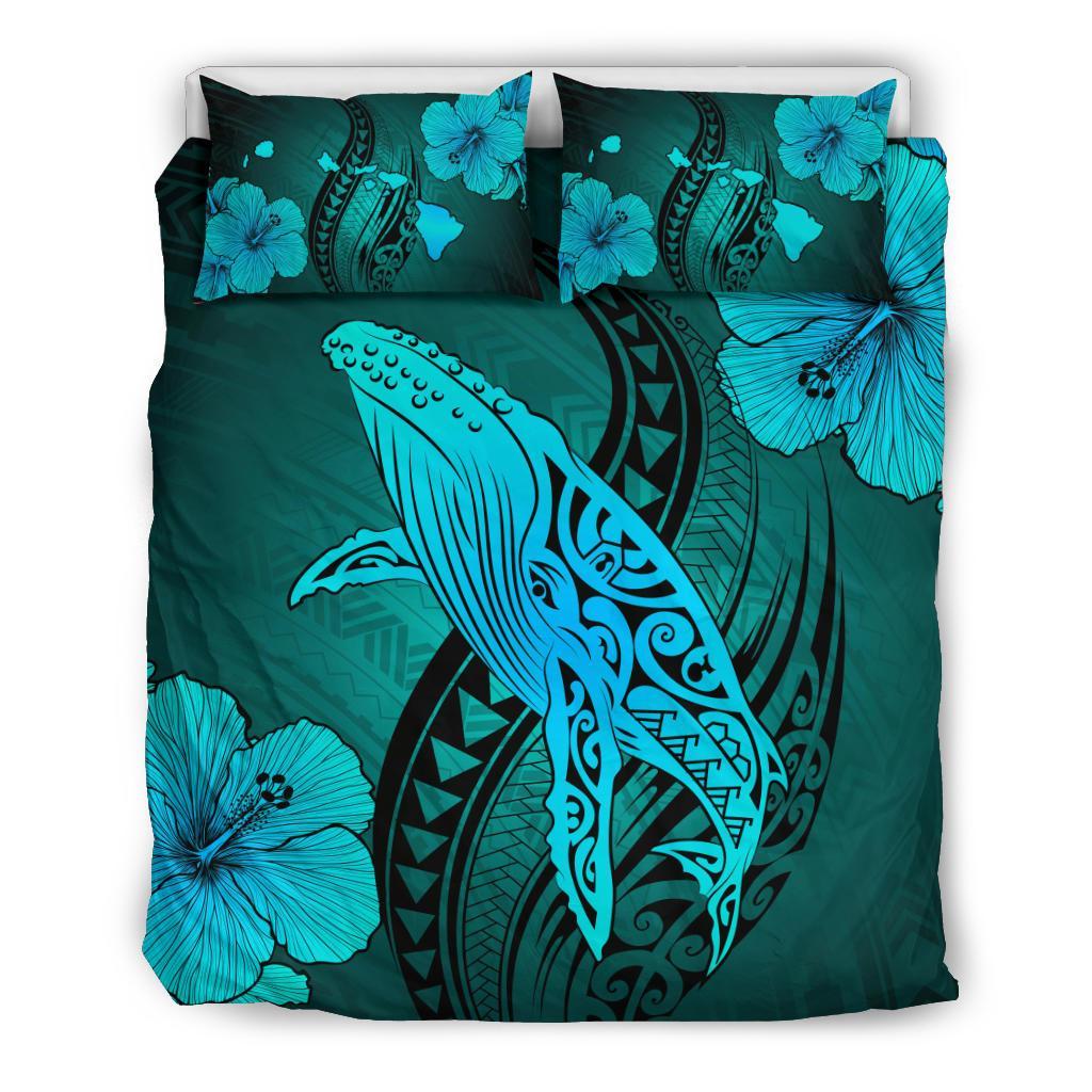 Hawaiian Map Whale Swim Hibiscus Polynesian Bedding Set - Turquoise Blue - Polynesian Pride