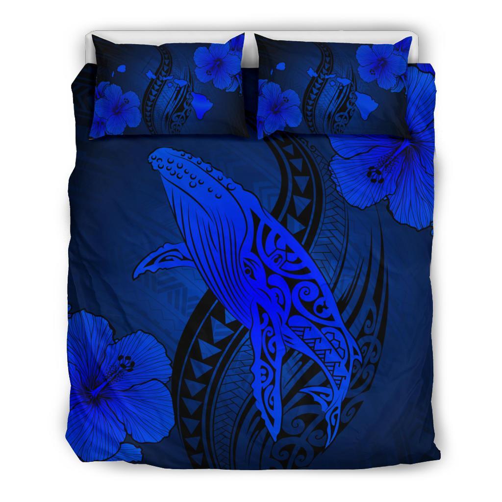 Hawaiian Map Whale Swim Hibiscus Polynesian Bedding Set - Blue Blue - Polynesian Pride