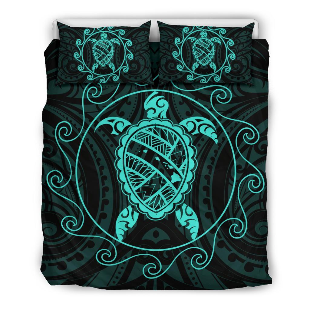 Hawaiian Map Turtle Wave Polynesian Bedding Set Turquoise Art - Polynesian Pride