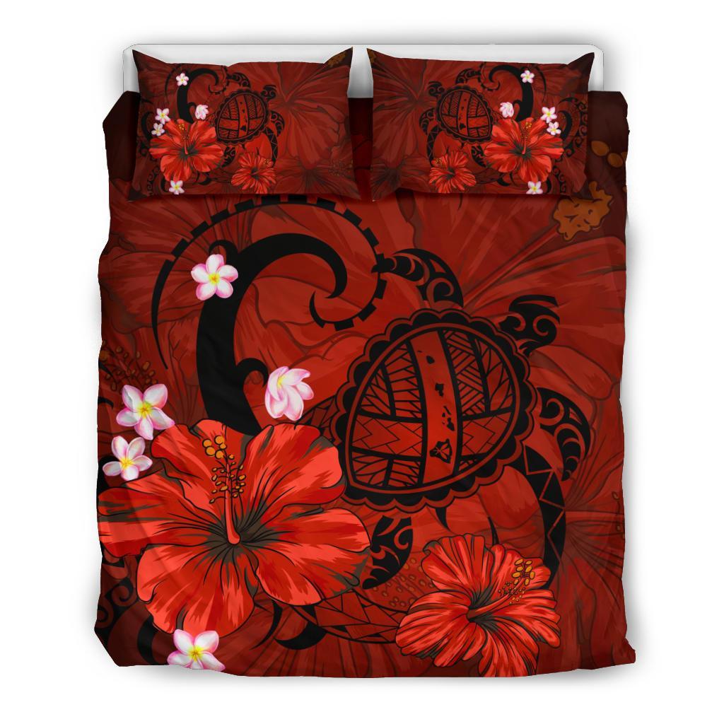 Hawaiian Map Big Turtle Hibiscus Plumeria Tribal Polynesian Bedding Set - Red Red - Polynesian Pride