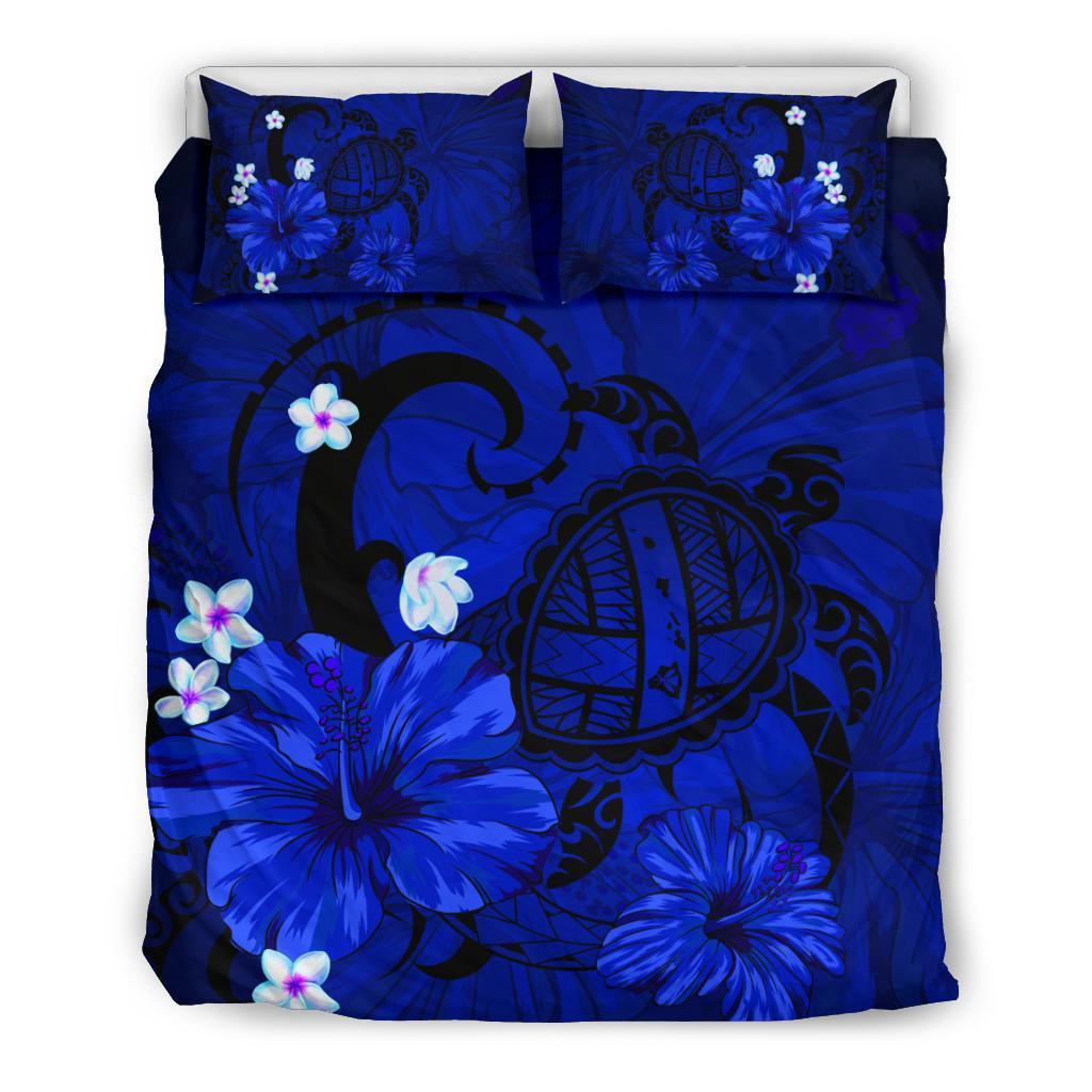 Hawaiian Map Big Turtle Hibiscus Plumeria Tribal Polynesian Bedding Set - Blue Blue - Polynesian Pride