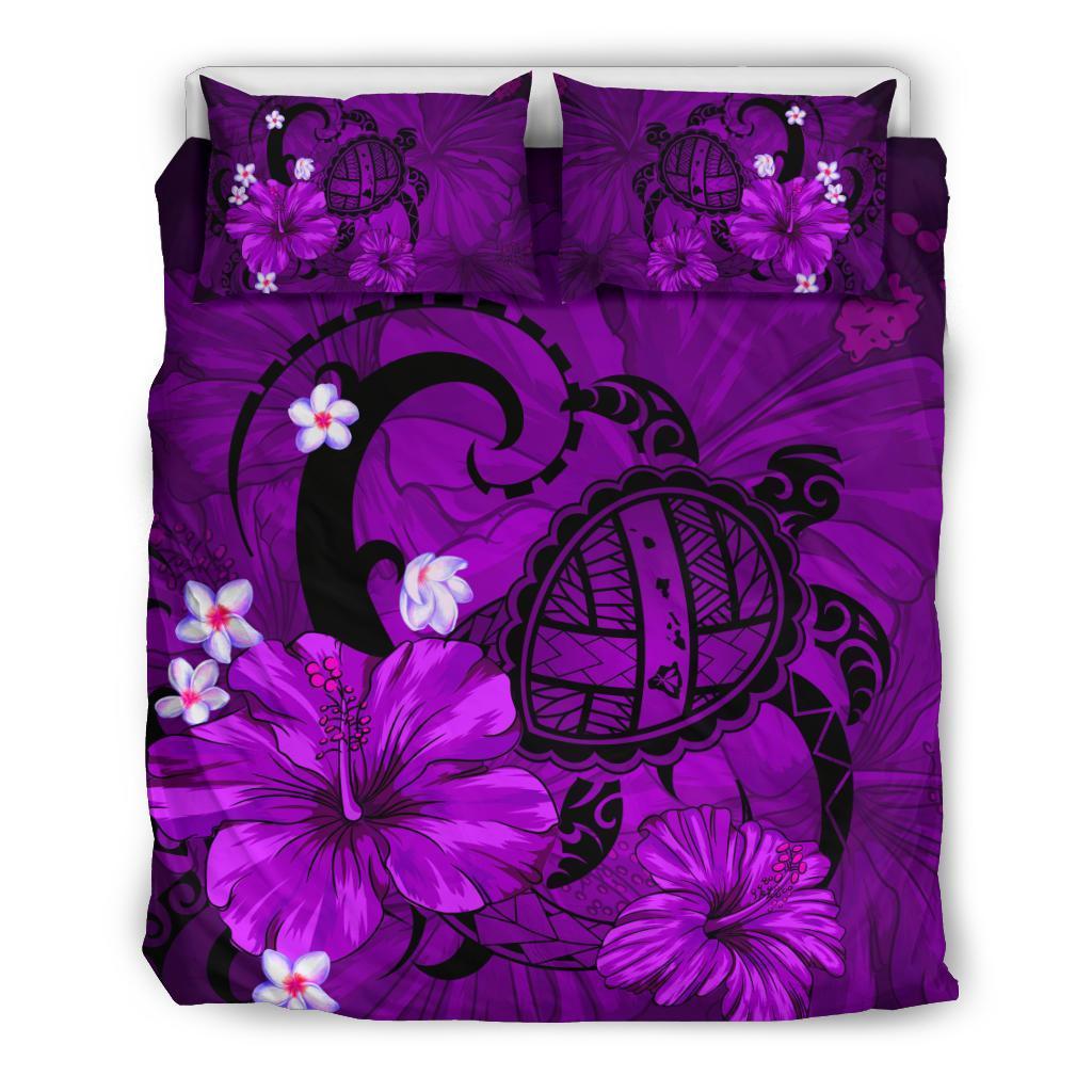 Hawaiian Map Big Turtle Hibiscus Plumeria Tribal Polynesian Bedding Set - Purple Purple - Polynesian Pride