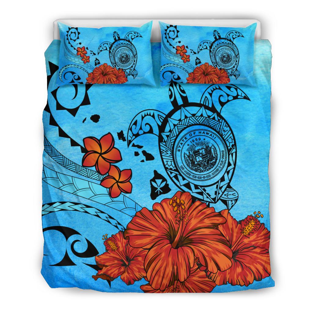 Hawaiian Map Kanaka Turtle Seal Of Hawaii Hibiscus Plumeria Ocean Background Polynesian Bedding Set Art - Polynesian Pride