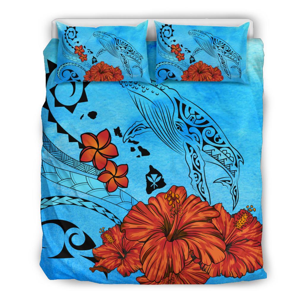 Hawaiian Map Kanaka Whale Hibiscus Plumeria Ocean Background Polynesian Bedding Set Art - Polynesian Pride