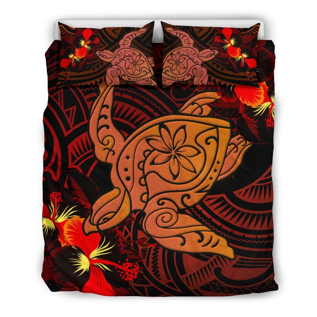 Hawaiian Hibiscus Plumeria Red Big Turtle Polynesian Bedding Set Red - Polynesian Pride