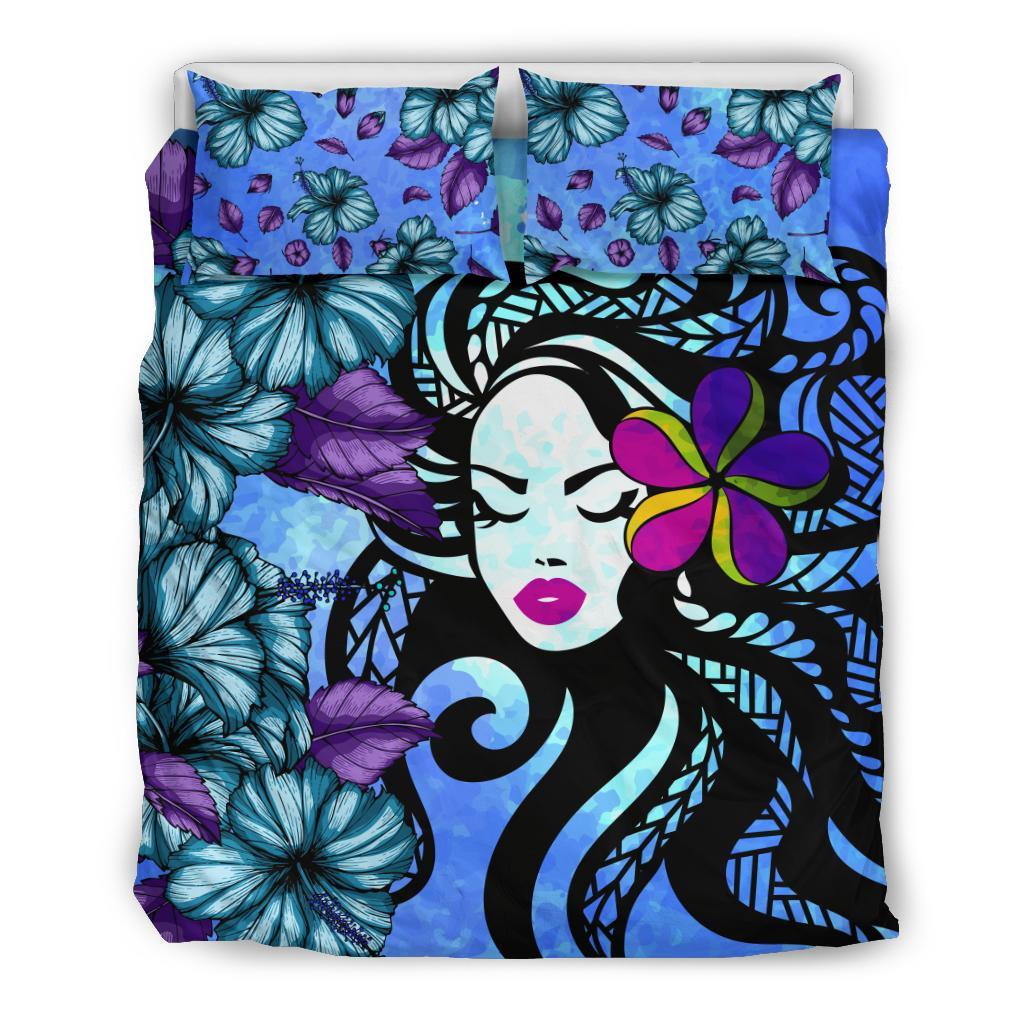 Hawaiian Hibiscus Plumeria Hula Girl Polynesian Bedding Set Blue - Polynesian Pride