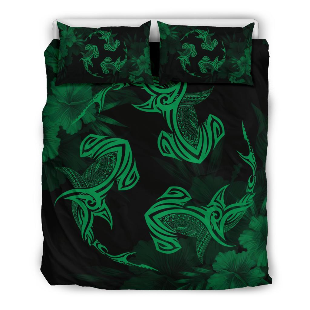 Hawaiian Hammerhead Shark Hibiscus Green Polynesian Bedding Set Green - Polynesian Pride