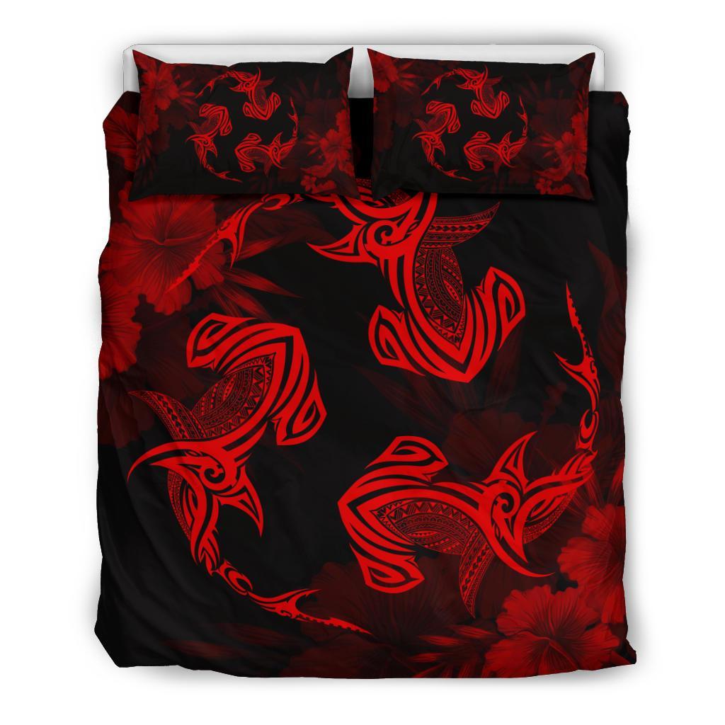 Hawaiian Hammerhead Shark Hibiscus Red Polynesian Bedding Set Red - Polynesian Pride