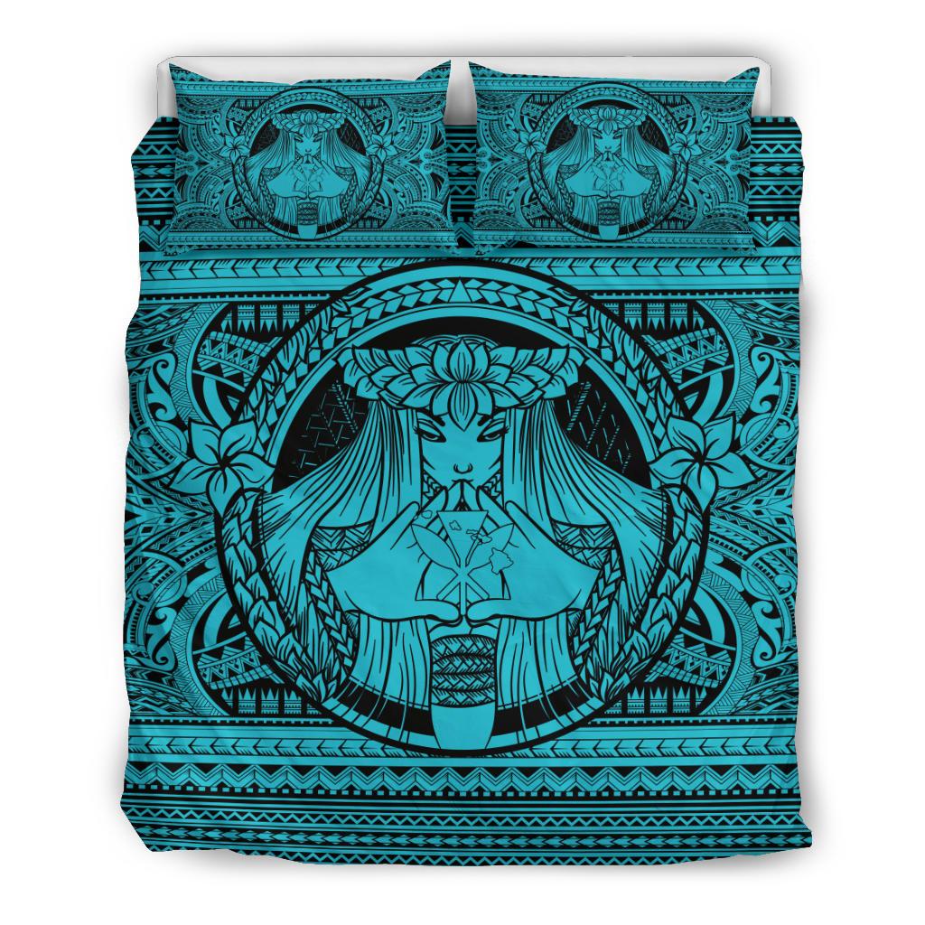 Hawaiian Map Madame Pele Kanaka Plumeria Polynesian Bedding Set Blue Blue - Polynesian Pride