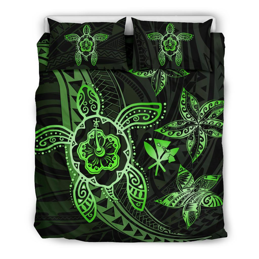 Hawaiian Map Art Turtle Kanaka Hibiscus Plumeria Green Polynesian Bedding Set Green - Polynesian Pride