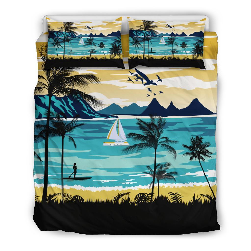 Hawaiian Sea Poster View Classic Coconut Tree Polynesian Bedding Set Blue - Polynesian Pride