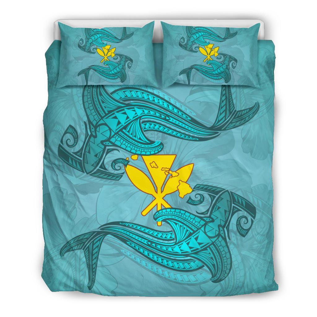 Hawaiian Map Kanaka Hammerhead Shark Polynesian Bedding Set Blue Blue - Polynesian Pride