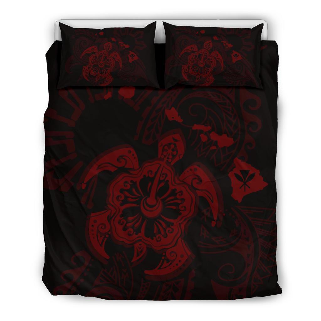 Hawaiian Map Kanaka Hibiscus Turtle Red Polynesian Bedding Set Red - Polynesian Pride