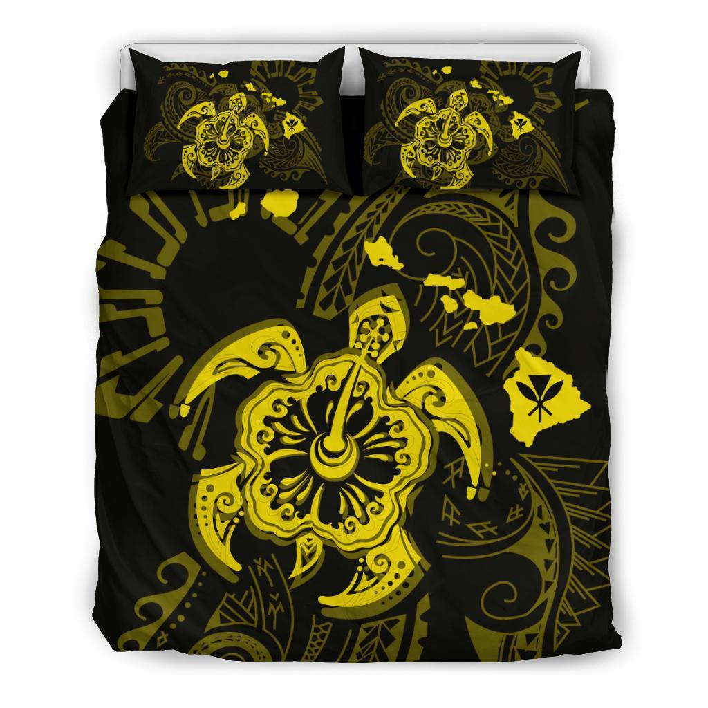 Hawaiian Map Kanaka Hibiscus Turtle Yellow Polynesian Bedding Set Yellow - Polynesian Pride