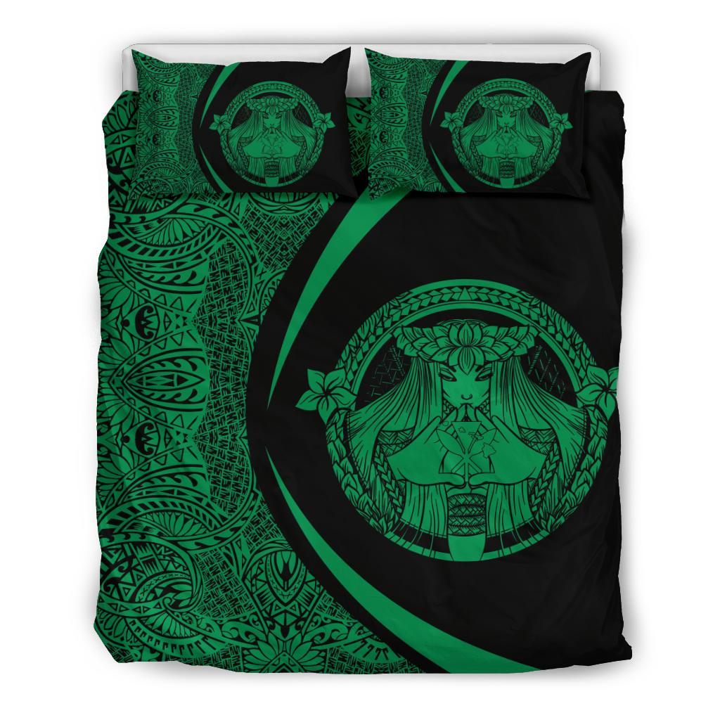 Hawaiian Madame Pele Kanaka Plumeria Polynesian Bedding Set Circle Style Green Green - Polynesian Pride