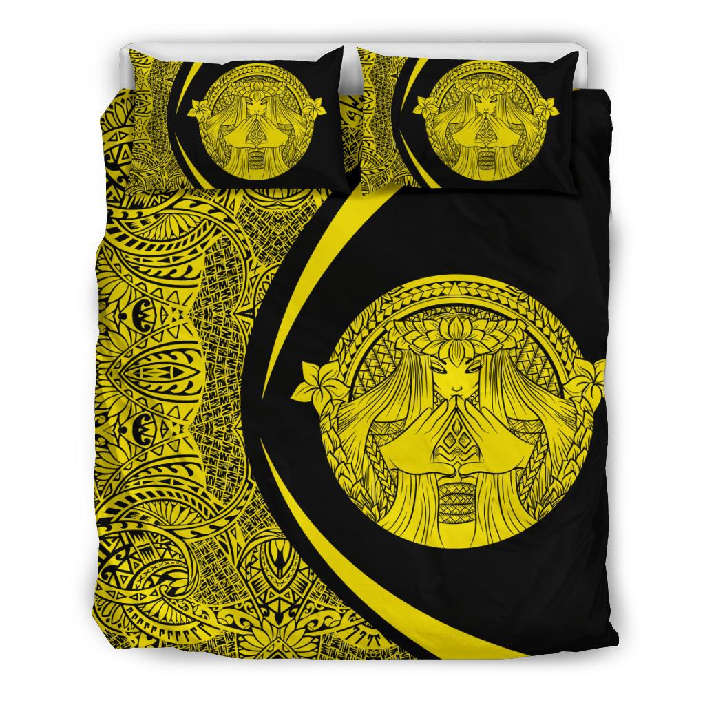 Hawaiian Madame Pele Plumeria Polynesian Bedding Set Circle Style Yellow Yellow - Polynesian Pride