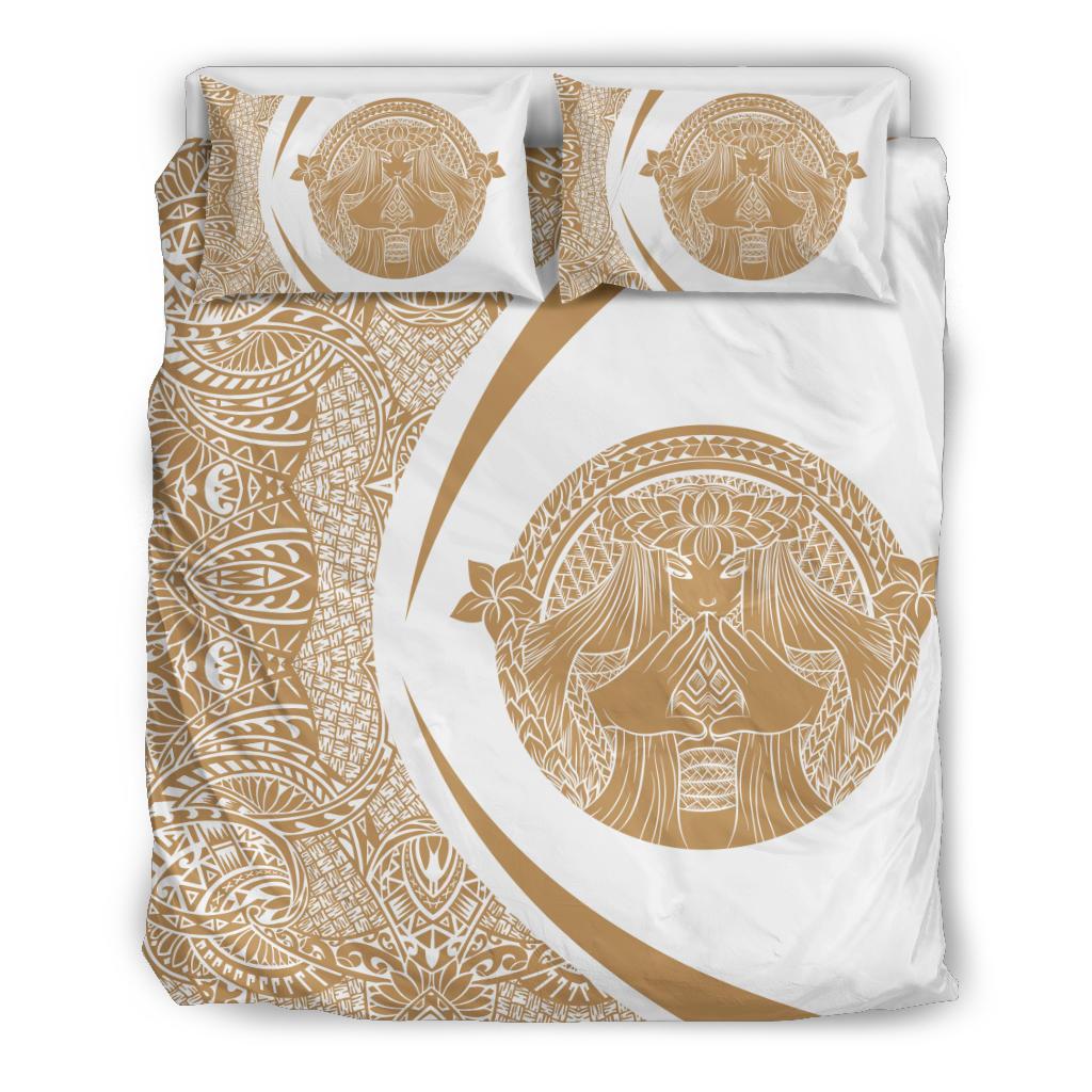 Hawaiian Madame Pele Plumeria Polynesian Bedding Set Circle Style Gold & White Gold - Polynesian Pride