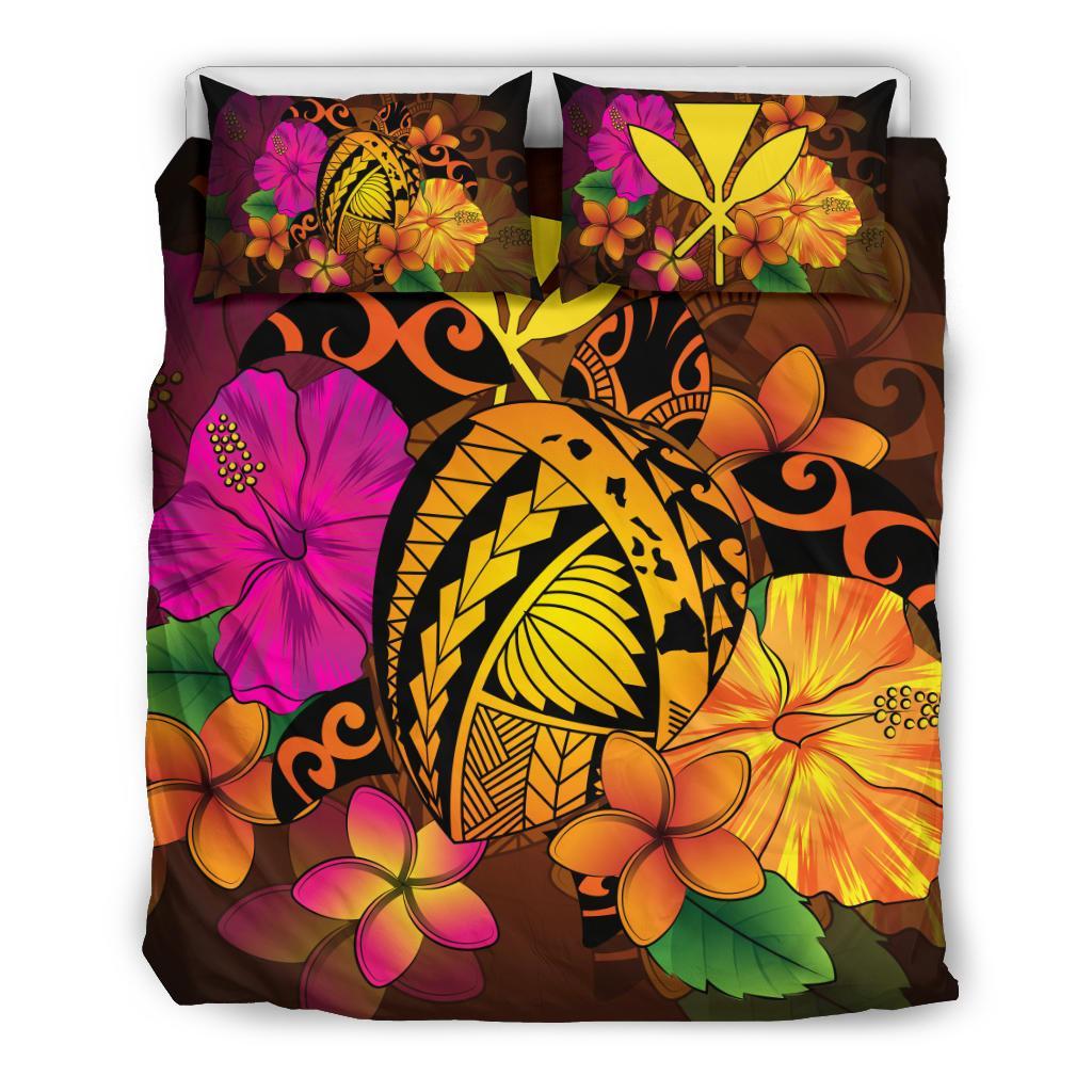 Hawaiian Map Turtle Tribal Kanaka Hibiscus Plumeria Polynesian Bedding Set Orange - Polynesian Pride