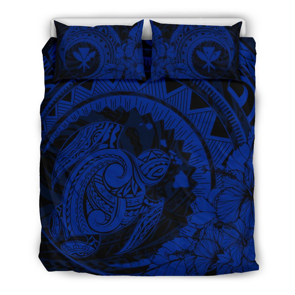 Hawaiian Map Kanaka Honu Hibiscus Blue Globular Polynesian Bedding Set Blue - Polynesian Pride