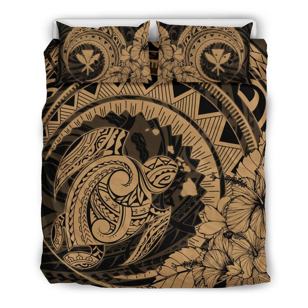 Hawaiian Map Kanaka Honu Hibiscus Gold Globular Polynesian Bedding Set Gold - Polynesian Pride