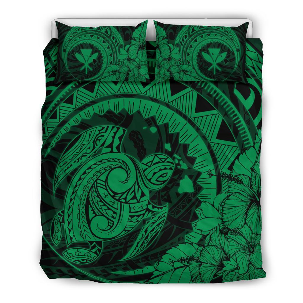 Hawaiian Map Kanaka Honu Hibiscus Green Globular Polynesian Bedding Set Green - Polynesian Pride