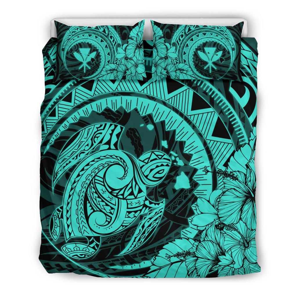 Hawaiian Map Kanaka Honu Hibiscus Turquoise Globular Polynesian Bedding Set Art - Polynesian Pride