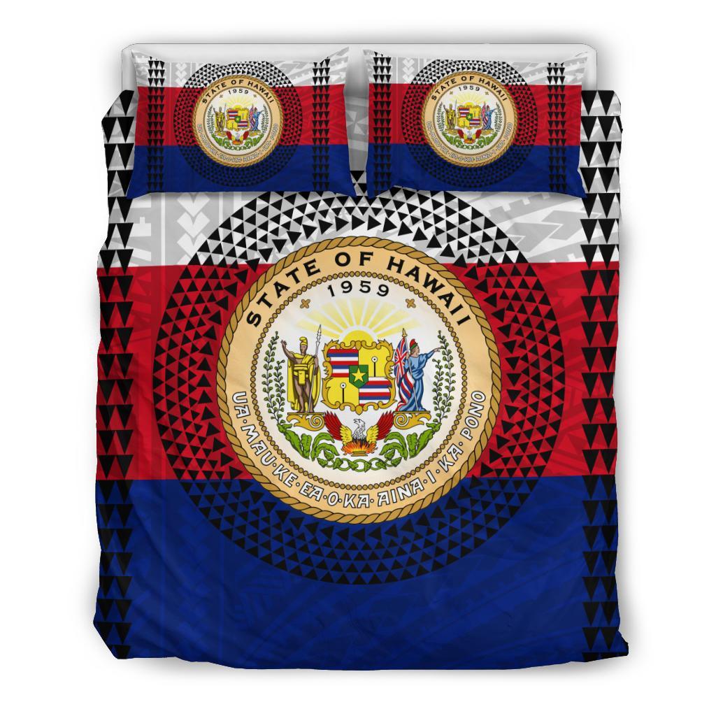 Hawaiian Flag Kakau Polynesian Bedding Set - Seal Of Hawaii White - Polynesian Pride