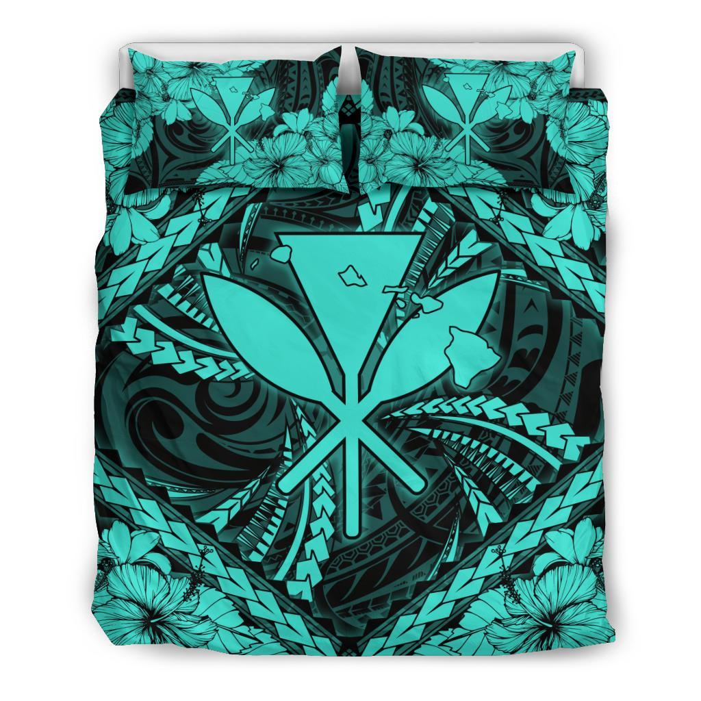 Hawaiian Map Kanaka Hibiscus Turquoise Polynesian Bedding Set Art - Polynesian Pride