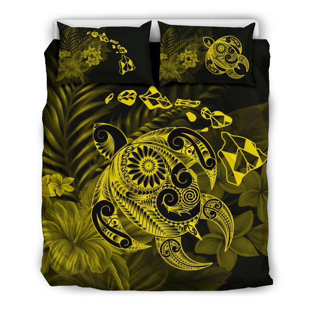 Hawaiian Map Turtle Tattoo Hibiscus Plumeria Polynesian Bedding Set - Yellow Yellow - Polynesian Pride