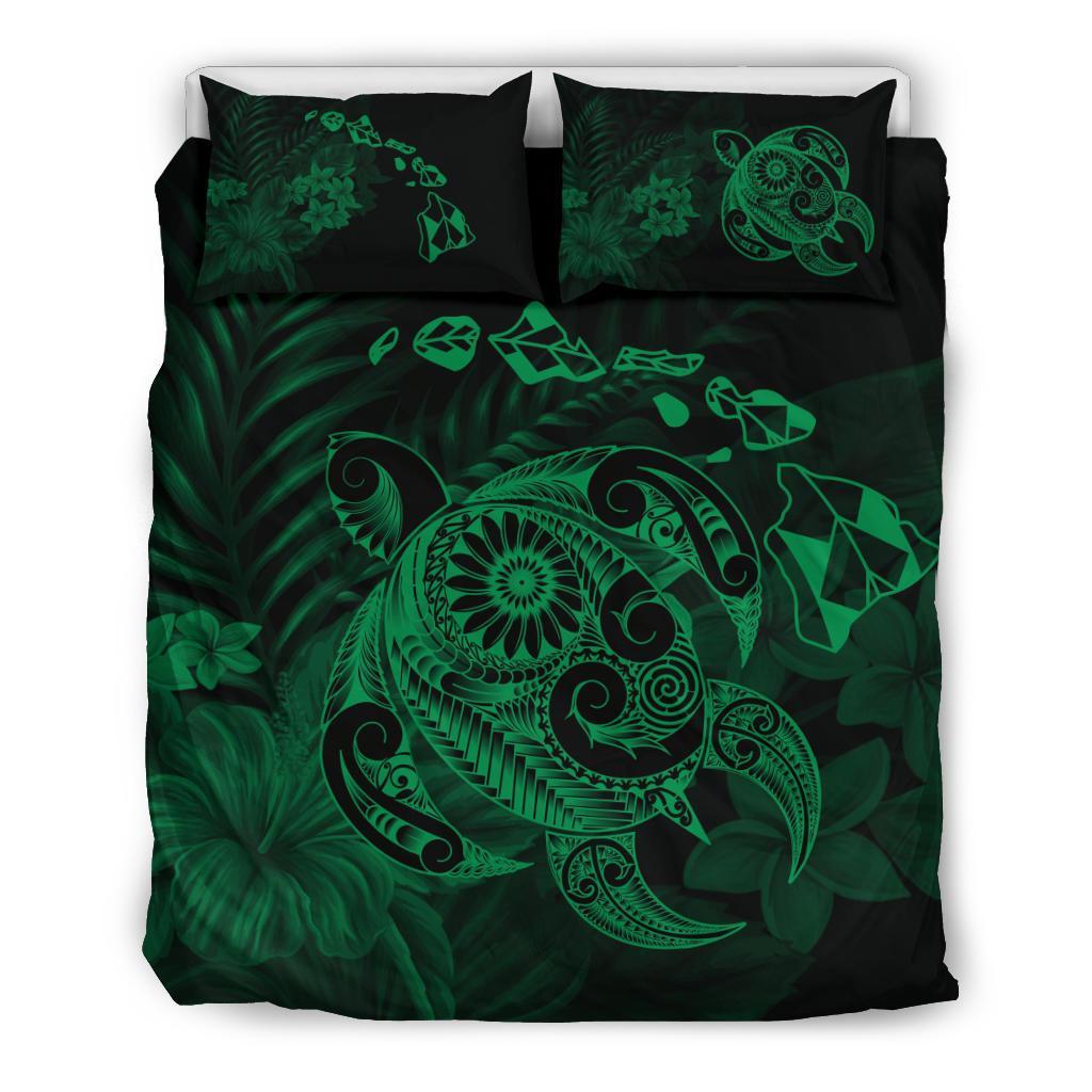 Hawaiian Map Turtle Tattoo Hibiscus Plumeria Polynesian Bedding Set - Green Green - Polynesian Pride