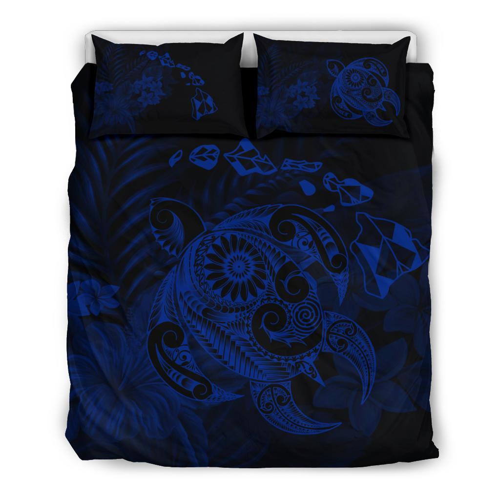 Hawaiian Map Turtle Tattoo Hibiscus Plumeria Polynesian Bedding Set - Blue Blue - Polynesian Pride