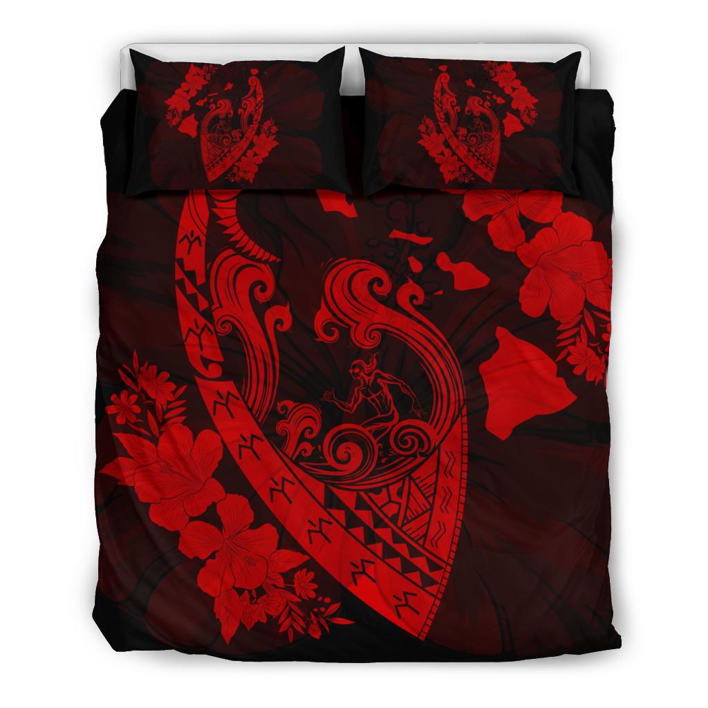 Hawaiian Fish Hook Hibiscus Banzai Surfing Polynesian Bedding Set Red Red - Polynesian Pride