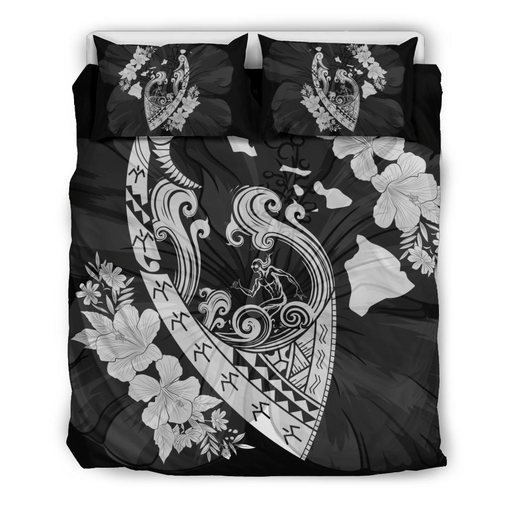 Hawaiian Fish Hook Hibiscus Banzai Surfing Polynesian Bedding Set White - Polynesian Pride