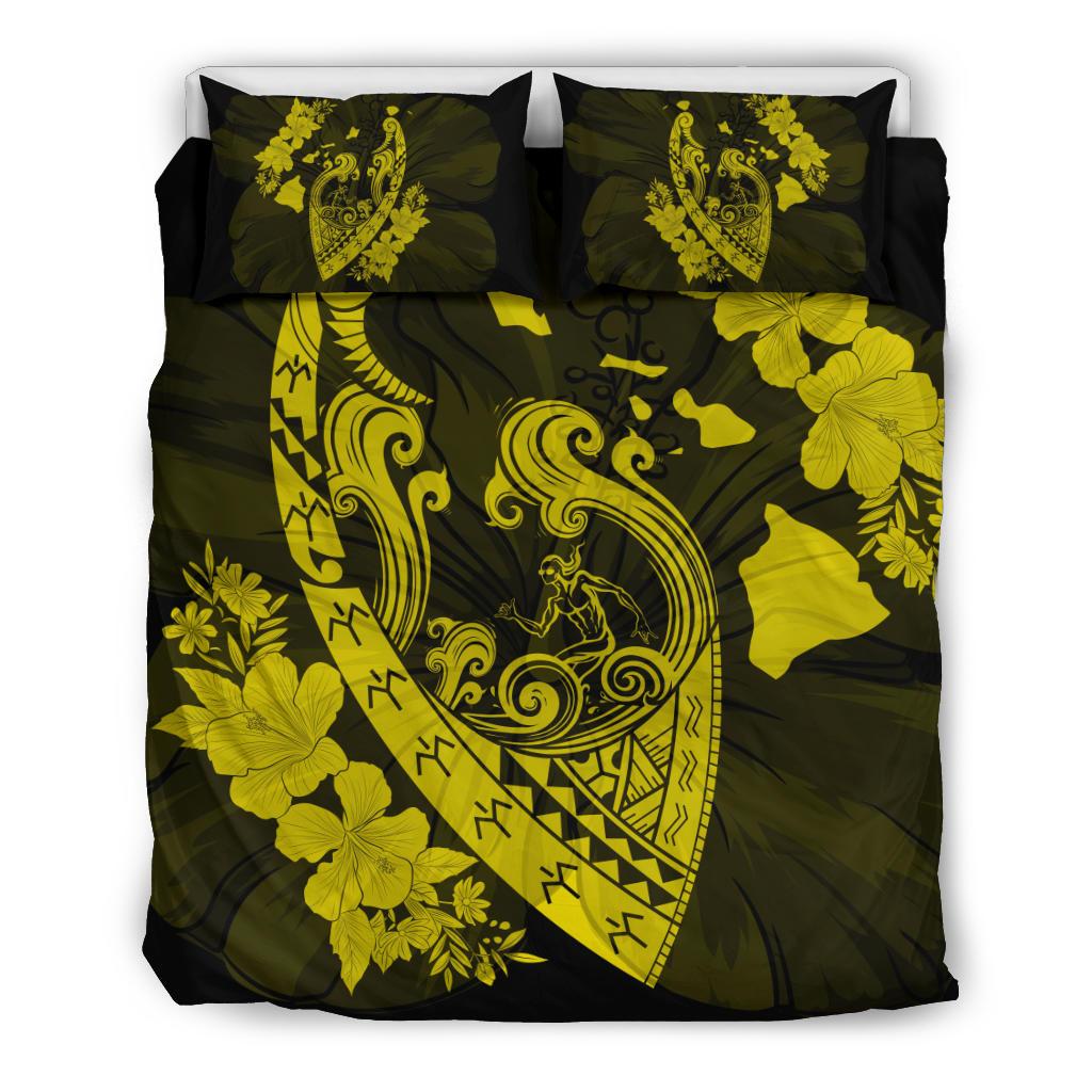 Hawaiian Fish Hook Hibiscus Banzai Surfing Polynesian Bedding Set Yellow Yellow - Polynesian Pride