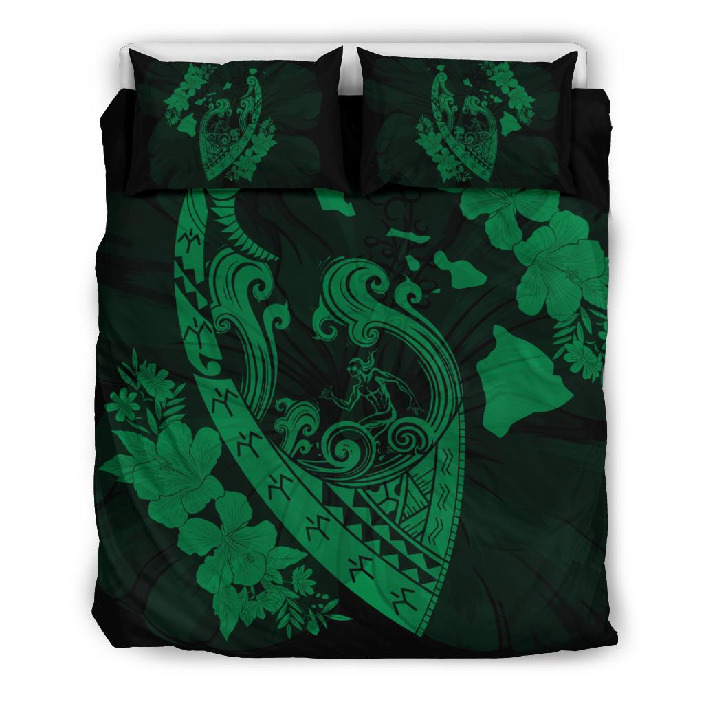 Hawaiian Fish Hook Hibiscus Banzai Surfing Polynesian Bedding Set Green Green - Polynesian Pride