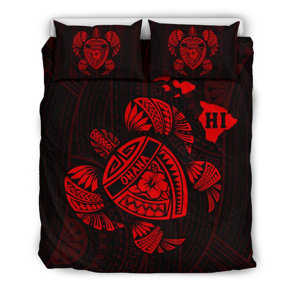 Hawaiian Map Turtle Ohana Hibicus Polynesian Bedding Set - Red Red - Polynesian Pride