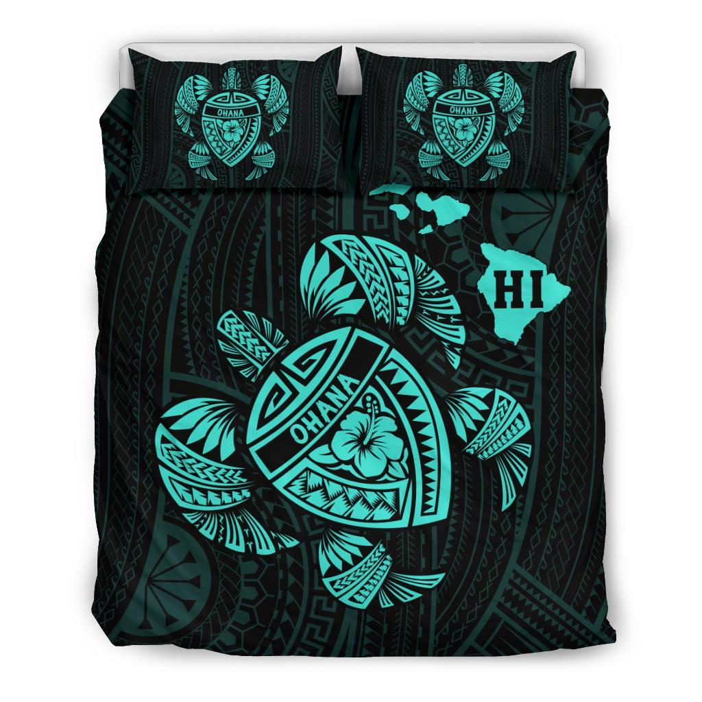 Hawaiian Map Turtle Ohana Hibicus Polynesian Bedding Set - Turquoise Turquoise - Polynesian Pride