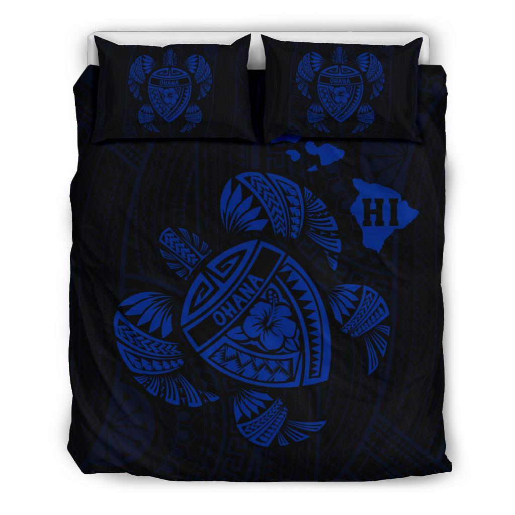 Hawaiian Map Turtle Ohana Hibicus Polynesian Bedding Set - Blue Blue - Polynesian Pride