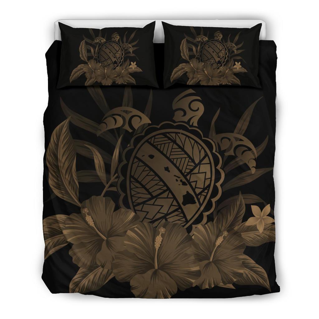 Hawaiian Map Turtle Hibiscus Polynesian Bedding Set - Gold Gold - Polynesian Pride