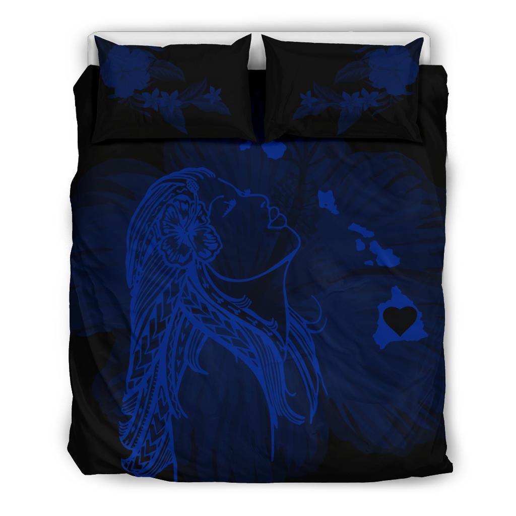 Hawaiian Map Heart Hula Girl Hibiscus Polynesian Bedding Set - Blue Blue - Polynesian Pride