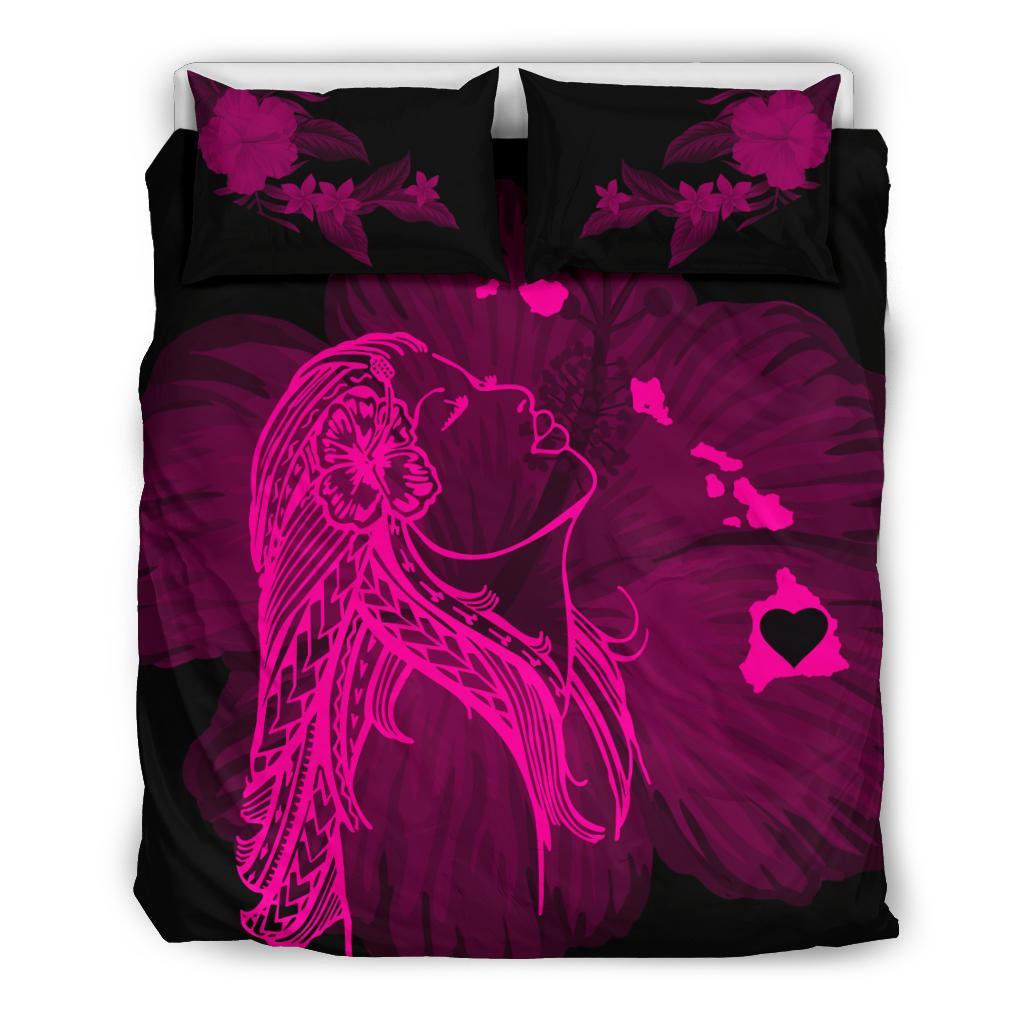 Hawaiian Map Heart Hula Girl Hibiscus Polynesian Bedding Set - Pink Pink - Polynesian Pride