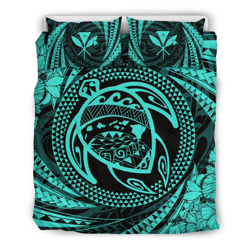 Hawaiian Kanaka Honu Hibiscus Tornado Turquoise Polynesian Bedding Set Art - Polynesian Pride