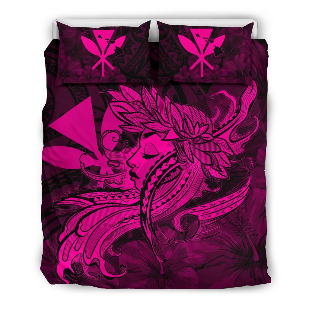 Hawaiian Map Hula Girl Hibiscus Kanaka Polynesian Bedding Set - Pink Pink - Polynesian Pride