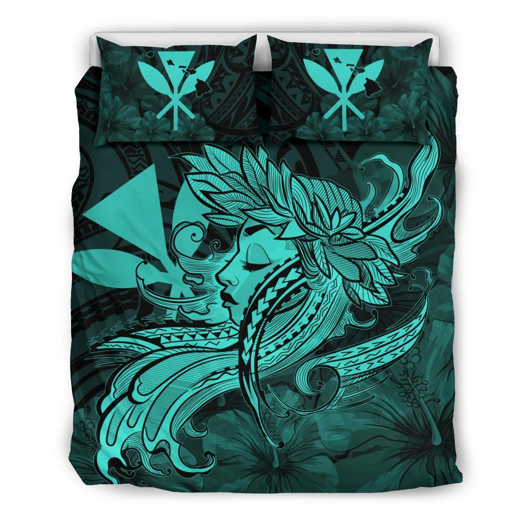 Hawaiian Map Hula Girl Hibiscus Kanaka Polynesian Bedding Set - Turquoise Art - Polynesian Pride