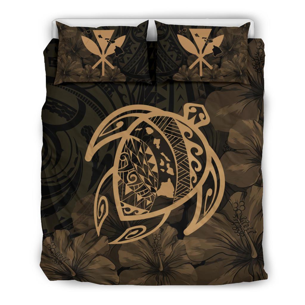 Hawaiian Map Turtle Kanaka Hibiscus Polynesian Bedding Set - Gold Gold - Polynesian Pride