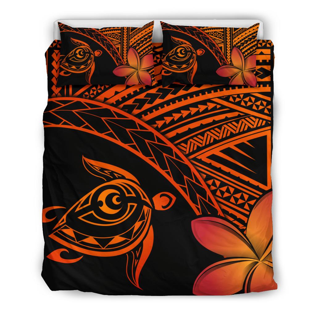 Hawaiian Turtle Kakau Plumeria Polynesian Bedding Set Orange - Polynesian Pride