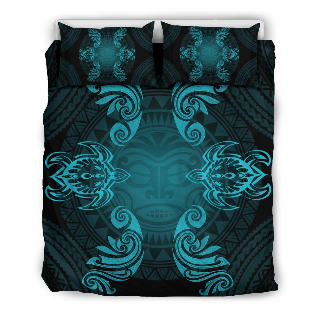 Hawaiian Turtles Tribal Mask Polynesian Bedding Set Blue Blue - Polynesian Pride