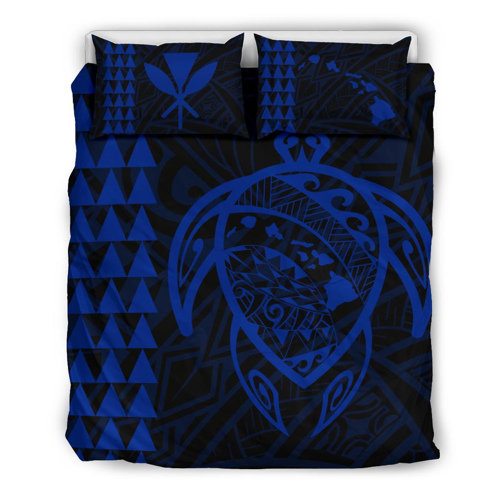 Hawaiian Map Kakau Turtle Kanaka Polynesian Bedding Set - Blue Blue - Polynesian Pride